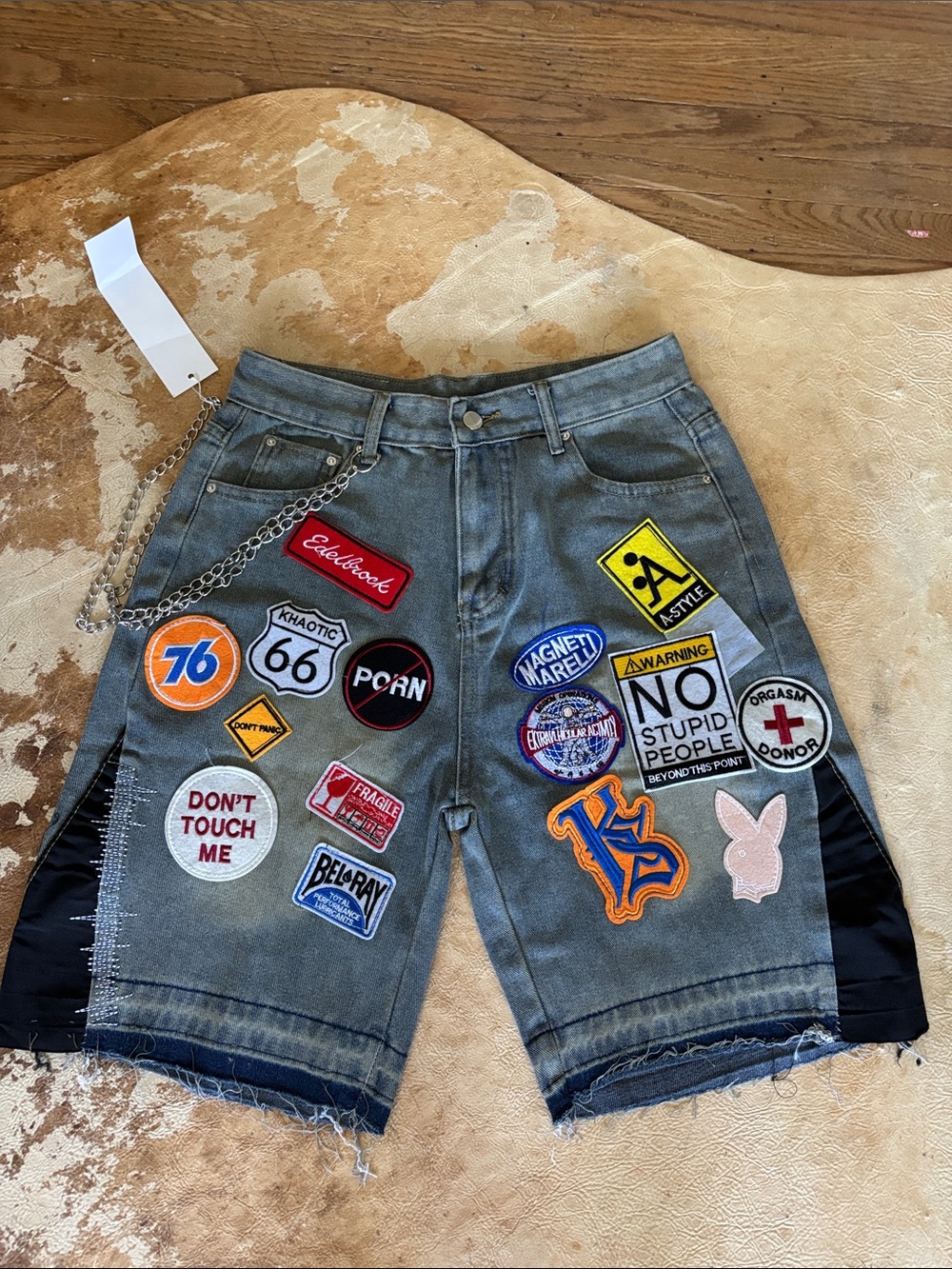 Men's blue Patchwork Denim Shorts with Embroidered Patches